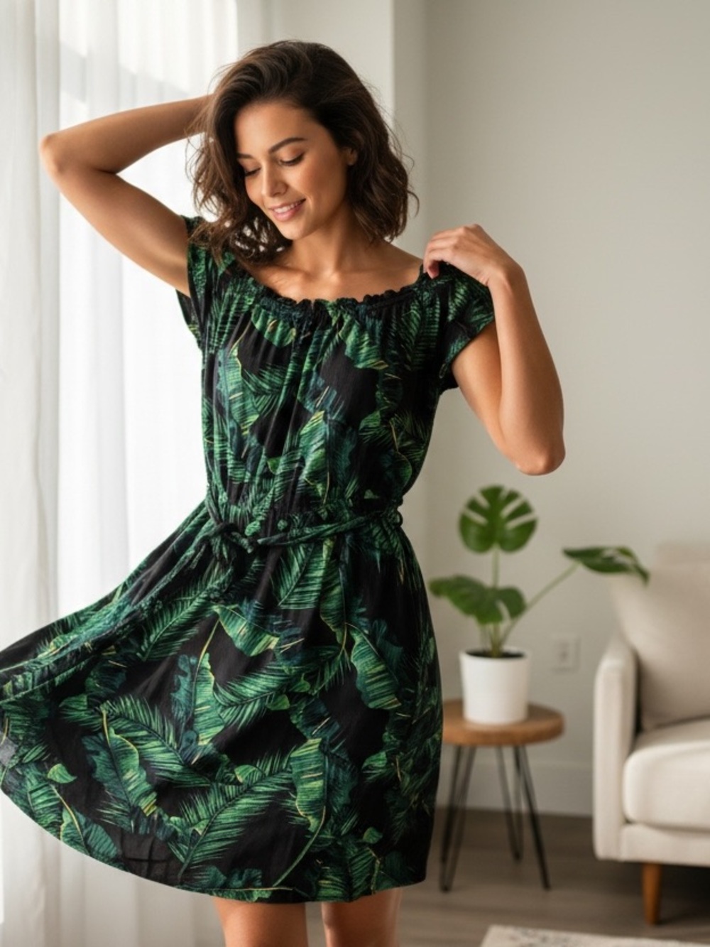 Guess Black Dress with Green Leaf Print